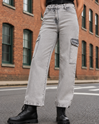 Women Grey Flared Clean Look Heavy Fade Cargo Jeans