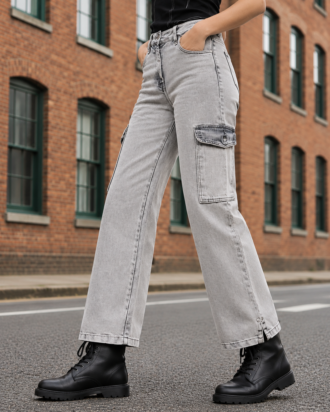 Women Grey Flared Clean Look Heavy Fade Cargo Jeans