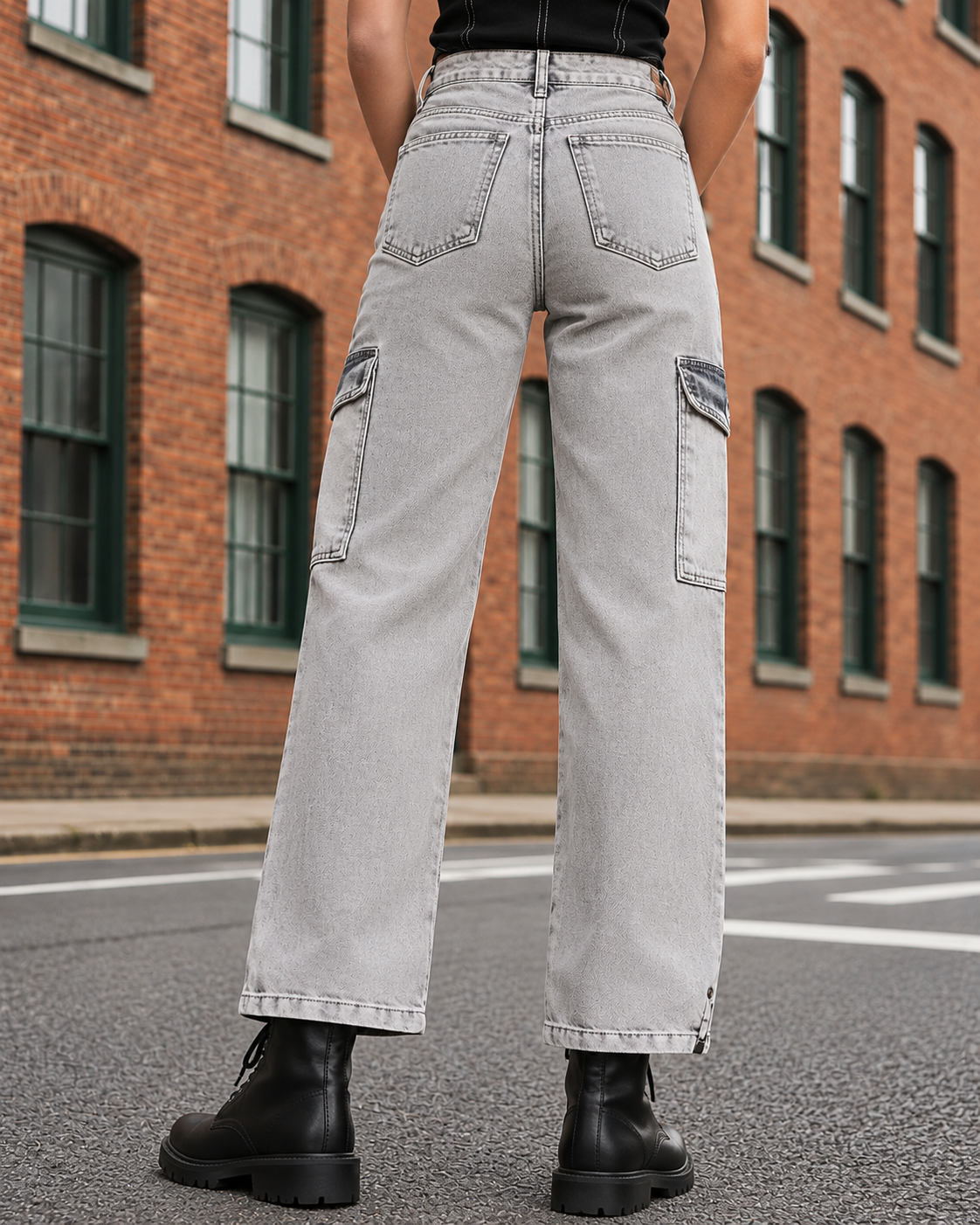 Women Grey Flared Clean Look Heavy Fade Cargo Jeans