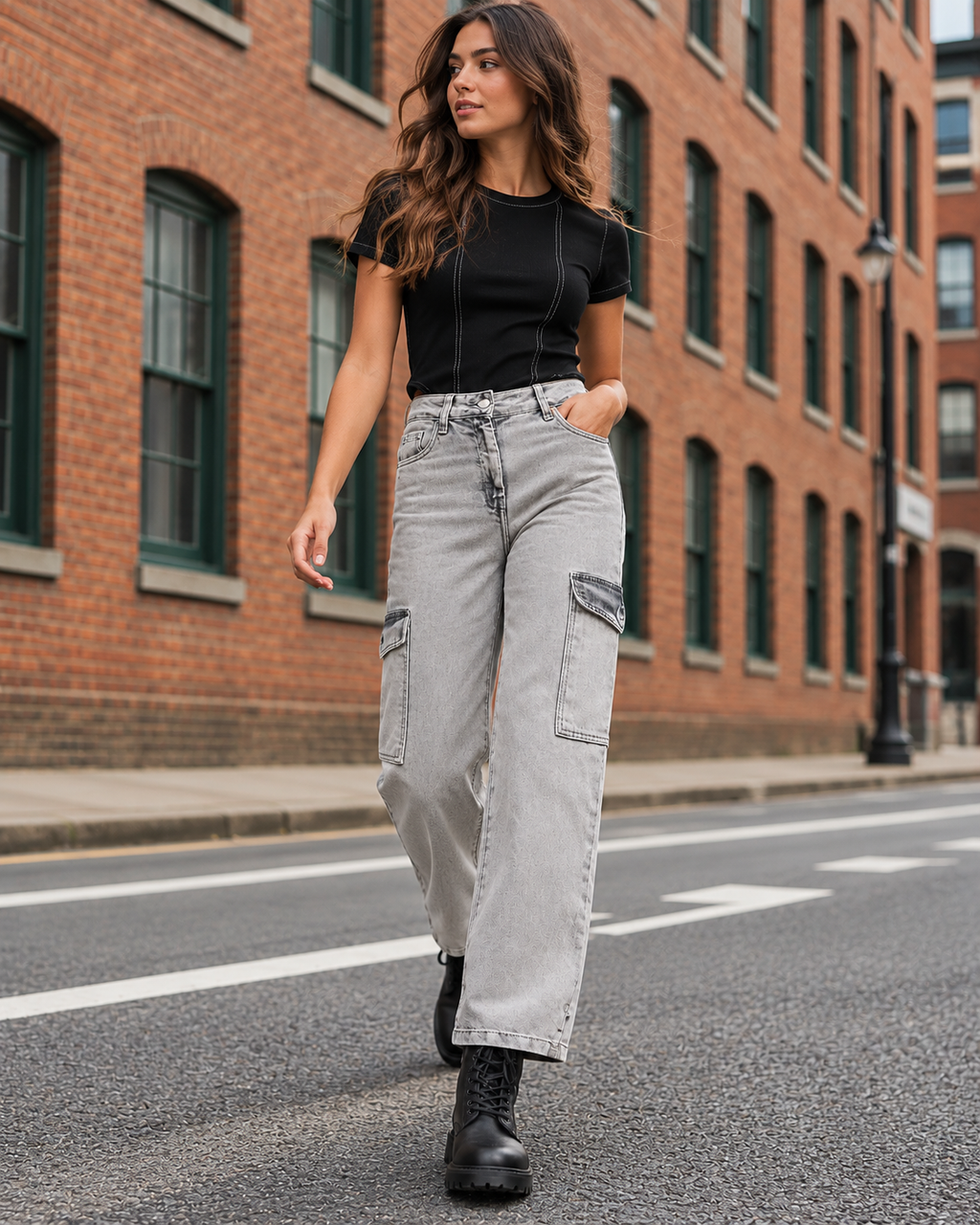 Women Grey Flared Clean Look Heavy Fade Cargo Jeans