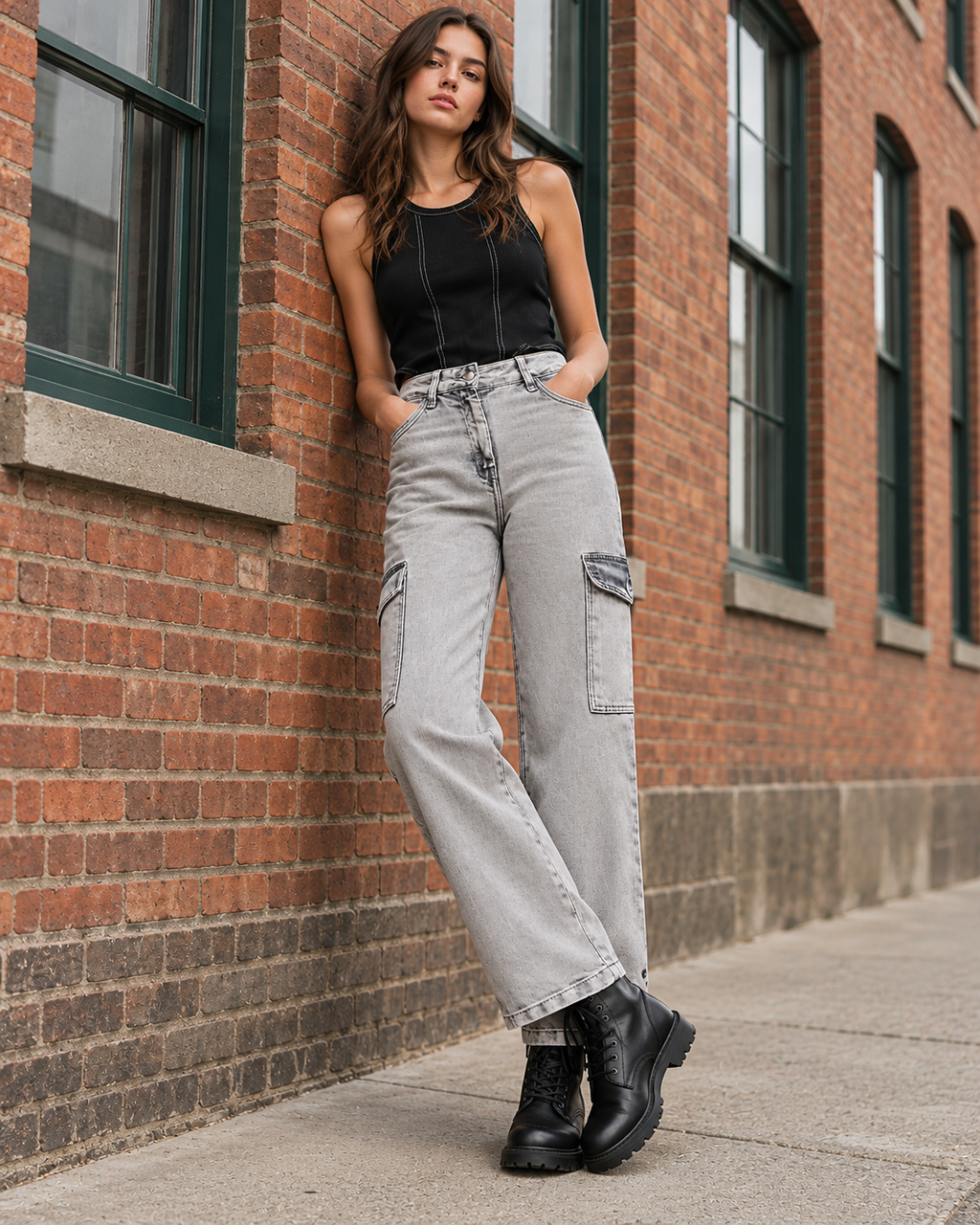 Women Grey Flared Clean Look Heavy Fade Cargo Jeans