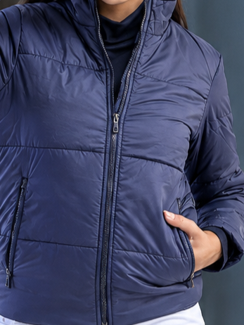 Women Navy Blue Longline Outdoor Padded Jacket