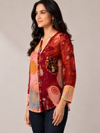 Multicolor Split-Tone Abstract Floral Satin Tunic Shirt With Cami
