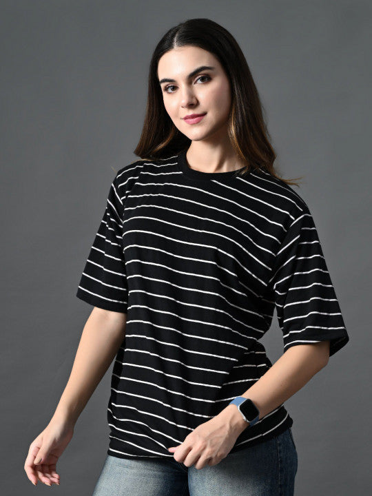 Women Bio Finish Striped Round Neck Cotton Relaxed Fit T-shirt