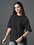 Women Bio Finish Striped Round Neck Cotton Relaxed Fit T-shirt