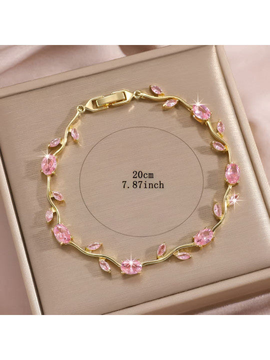 Anti Tarnish Floral Pink Crystal Stones Tulip Bracelet