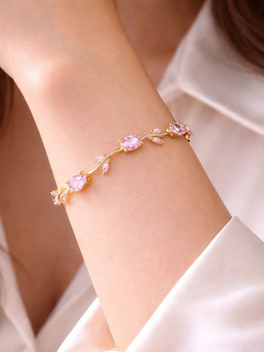 Anti Tarnish Floral Pink Crystal Stones Tulip Bracelet