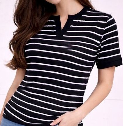 Women Striped V-Neck Bio Finish T-shirt