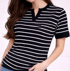 Women Striped V-Neck Bio Finish T-shirt