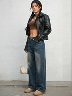 Women Wide Leg High-Rise Low Distress Jeans