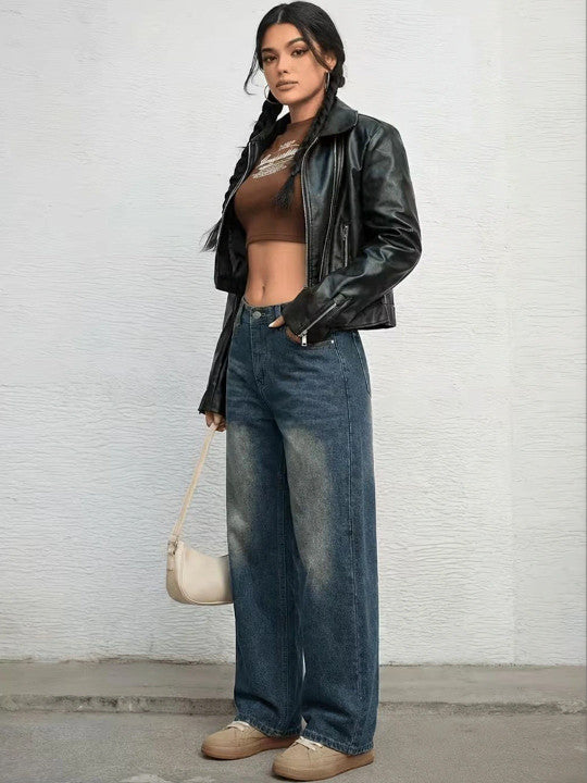 Women Wide Leg High-Rise Low Distress Jeans