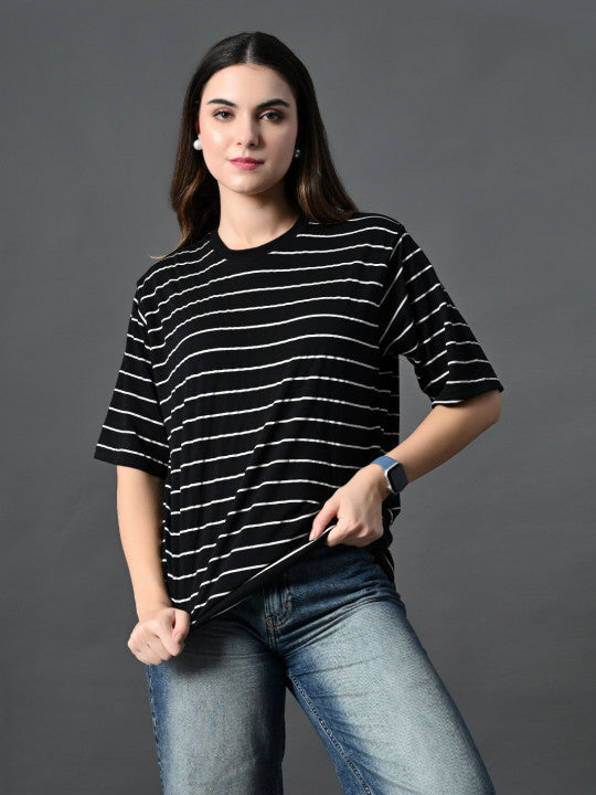 Women Bio Finish Striped Round Neck Cotton Relaxed Fit T-shirt