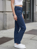 Women Blue Striped Straight Fit Clean Look High-Rise Stretchable Jeans