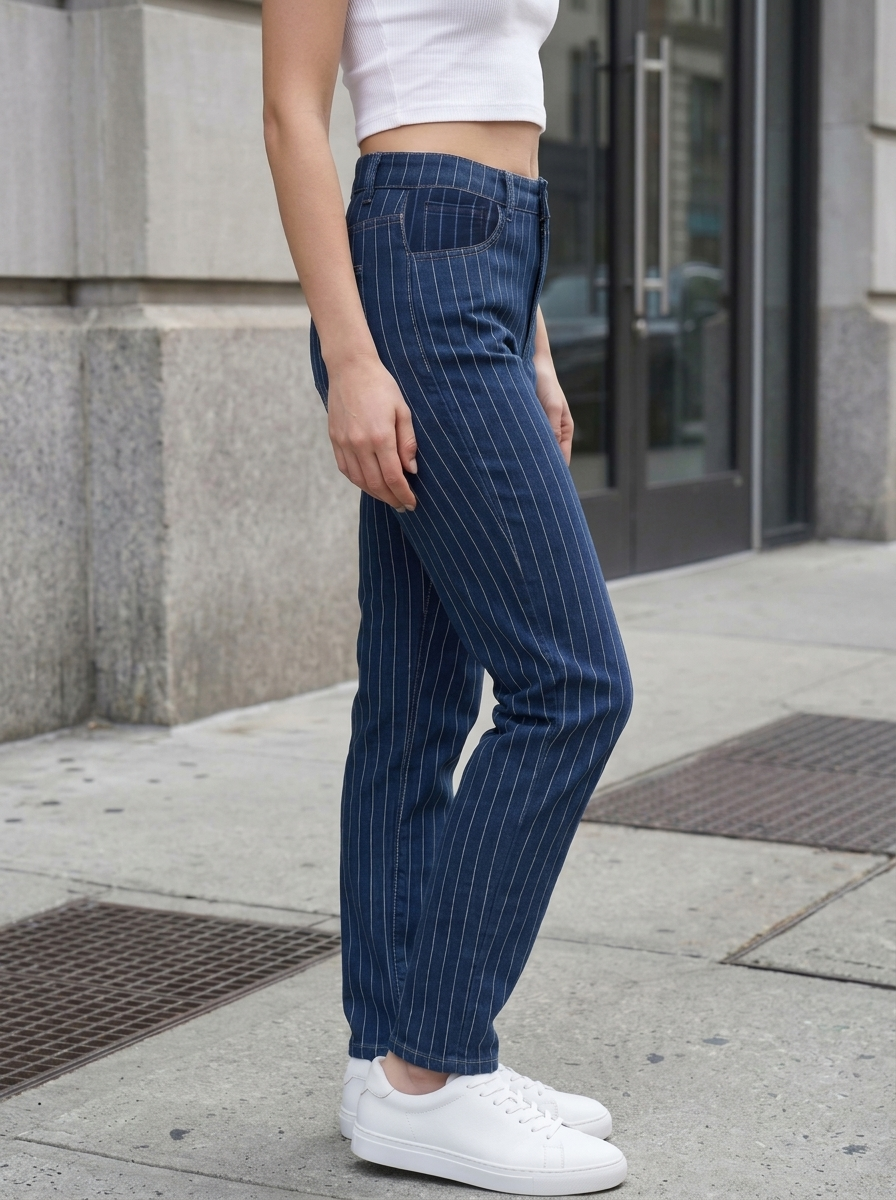 Women Blue Striped Straight Fit Clean Look High-Rise Stretchable Jeans