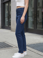 Women Blue Striped Straight Fit Clean Look High-Rise Stretchable Jeans