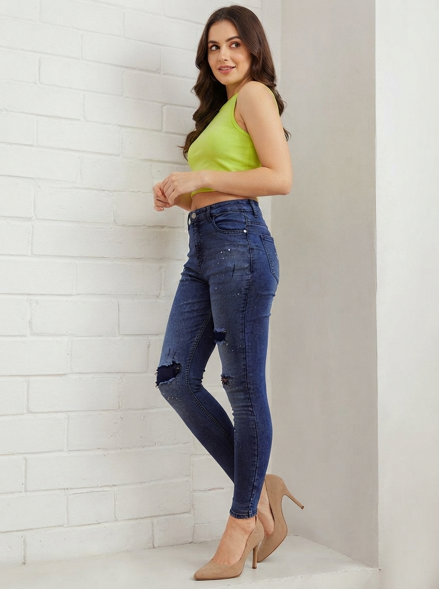 Women Blue Slim Fit Highly Distressed Light Fade Stretchable Jeans