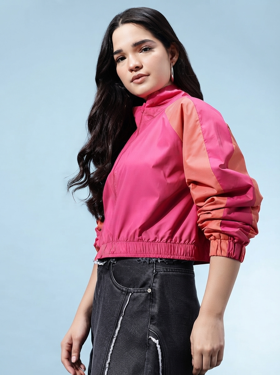 Mock Collar Windcheater Crop Bomber Jacket