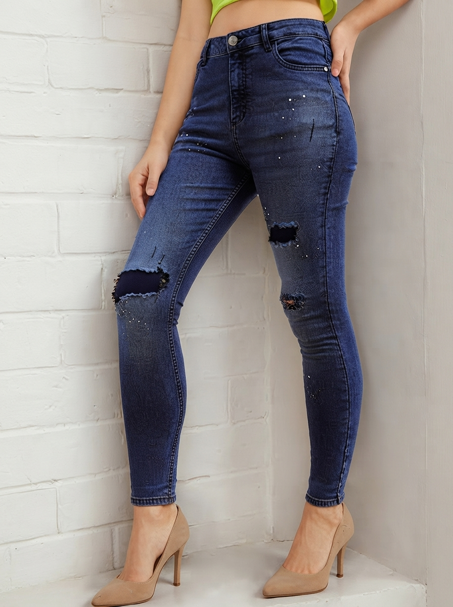 Women Blue Slim Fit Highly Distressed Light Fade Stretchable Jeans