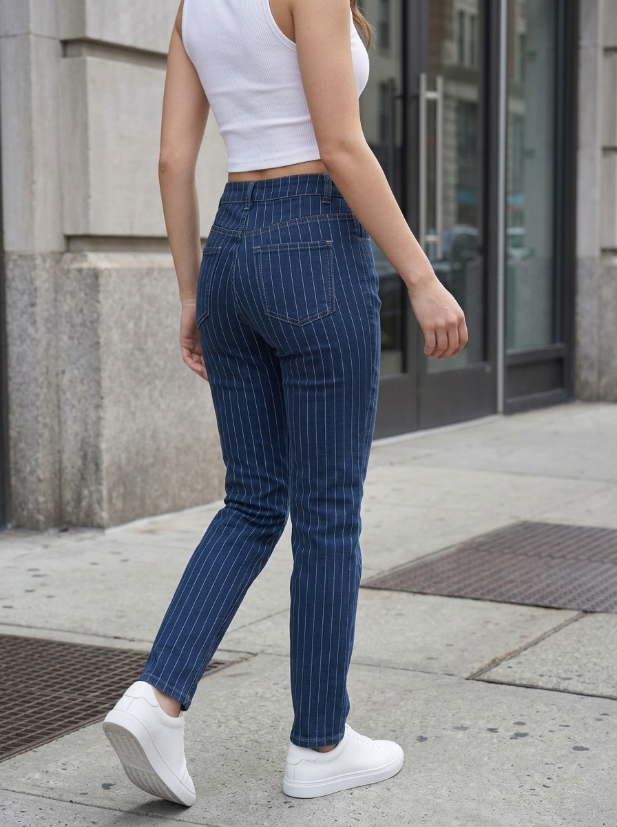 Women Blue Striped Straight Fit Clean Look High-Rise Stretchable Jeans