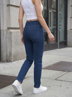 Women Blue Striped Straight Fit Clean Look High-Rise Stretchable Jeans