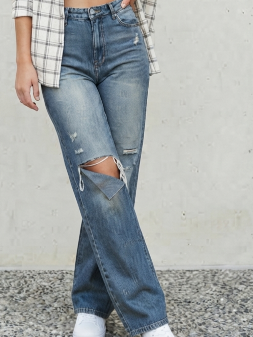 Women Flared High-Rise Highly Distressed Light Fade Pure Cotton Jeans