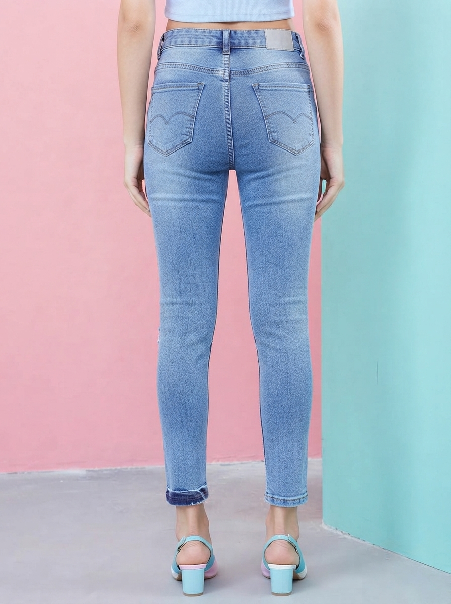 Women Blue Slim Fit High-Rise Low Distress Light Fade Stretchable Jeans