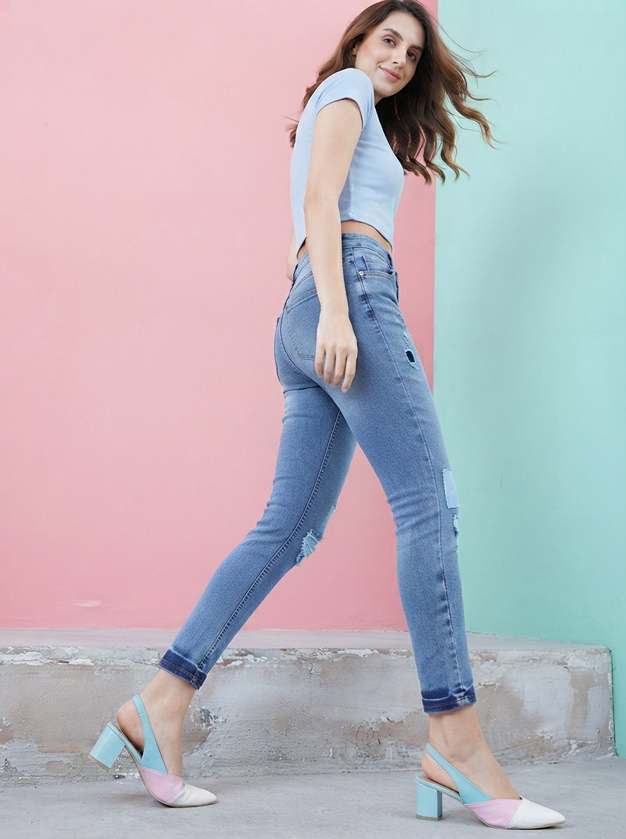 Women Blue Slim Fit High-Rise Low Distress Light Fade Stretchable Jeans