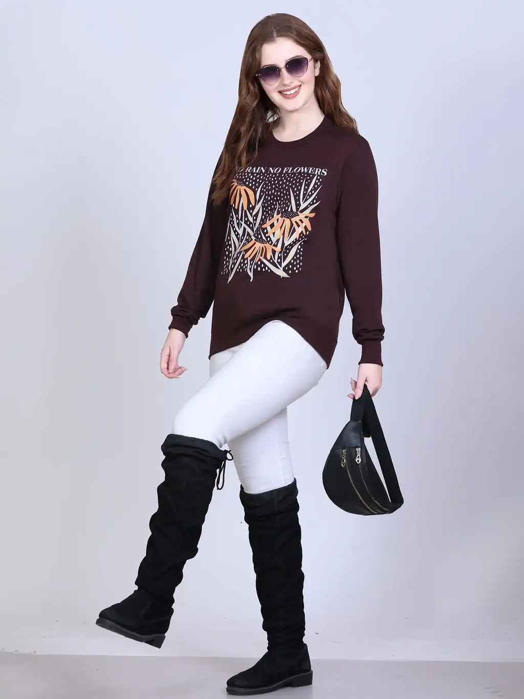 Women Floral Printed Ribbed Pullover Sweatshirt
