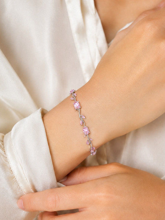 Silver Anti Tarnish Floral Pink Stones Crystal Tulip Bracelet