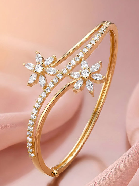 14K Gold-Plated Floral Cubic Zirconia Dual Motif Anti-Tarnish Bracelet