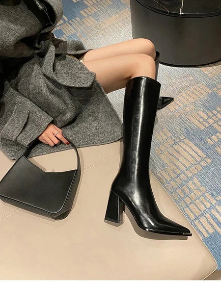 James Knee High Pointed Leather Boots In Black