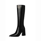 James Knee High Pointed Leather Boots In Black