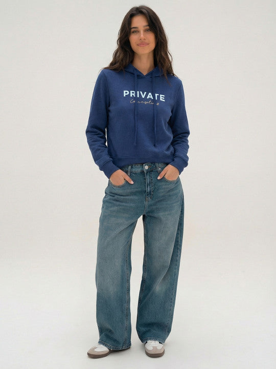 Women Navy Blue Printed Hooded Sweatshirt