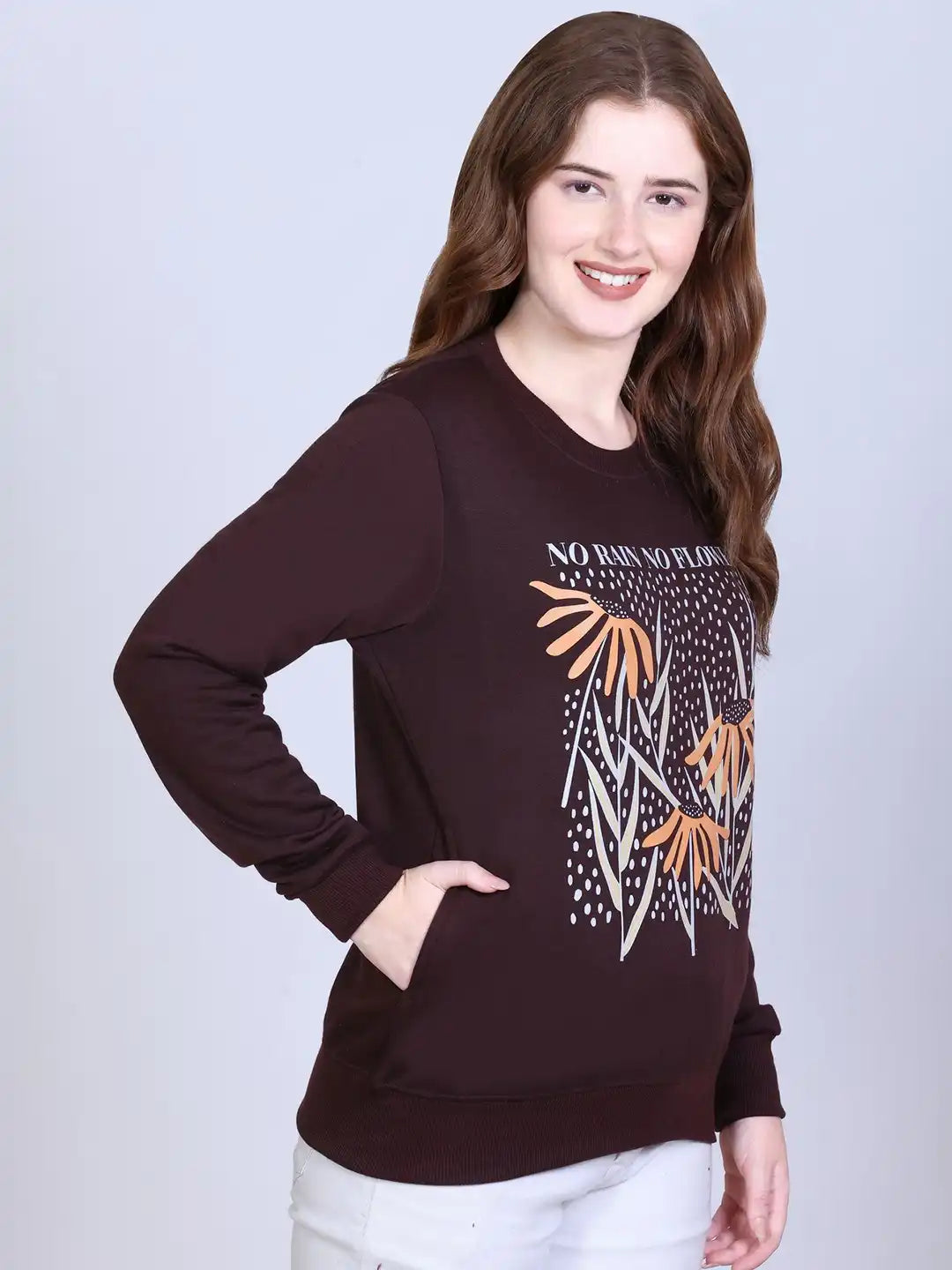 Women Floral Printed Ribbed Pullover Sweatshirt