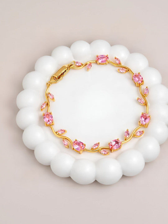 Anti Tarnish Floral Pink Crystal Stones Tulip Bracelet