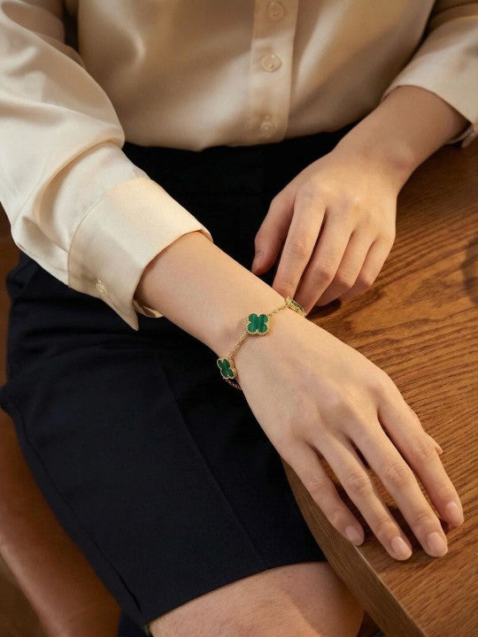 Women Gold Plated Anti-Tarnish Stainless Steel Green Clover Bracelet