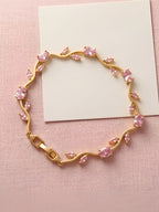 Anti Tarnish Floral Pink Crystal Stones Tulip Bracelet
