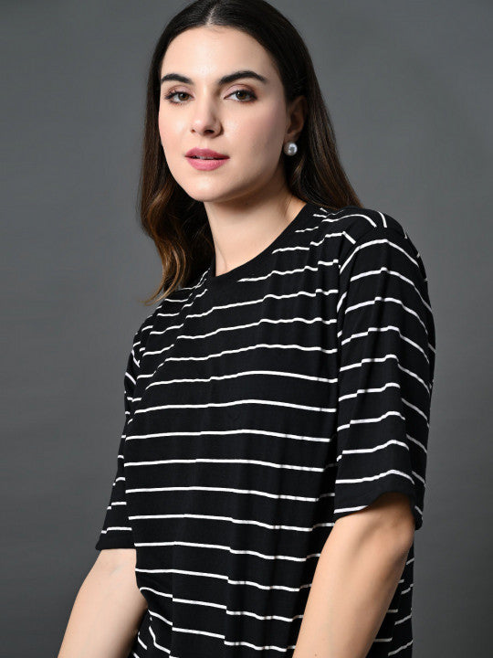 Women Bio Finish Striped Round Neck Cotton Relaxed Fit T-shirt