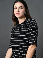 Women Bio Finish Striped Round Neck Cotton Relaxed Fit T-shirt