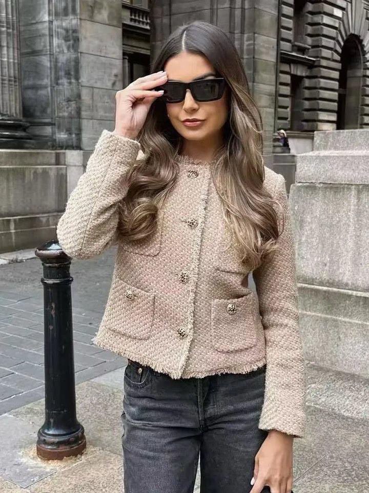 Meryl Tweed Cropped Blazer In Brown
