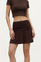 Brown Solid Ruched A-Line Skirt