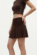 Brown Solid Ruched A-Line Skirt