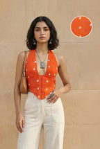 Orange Ethnic Print Plunge Neck Top