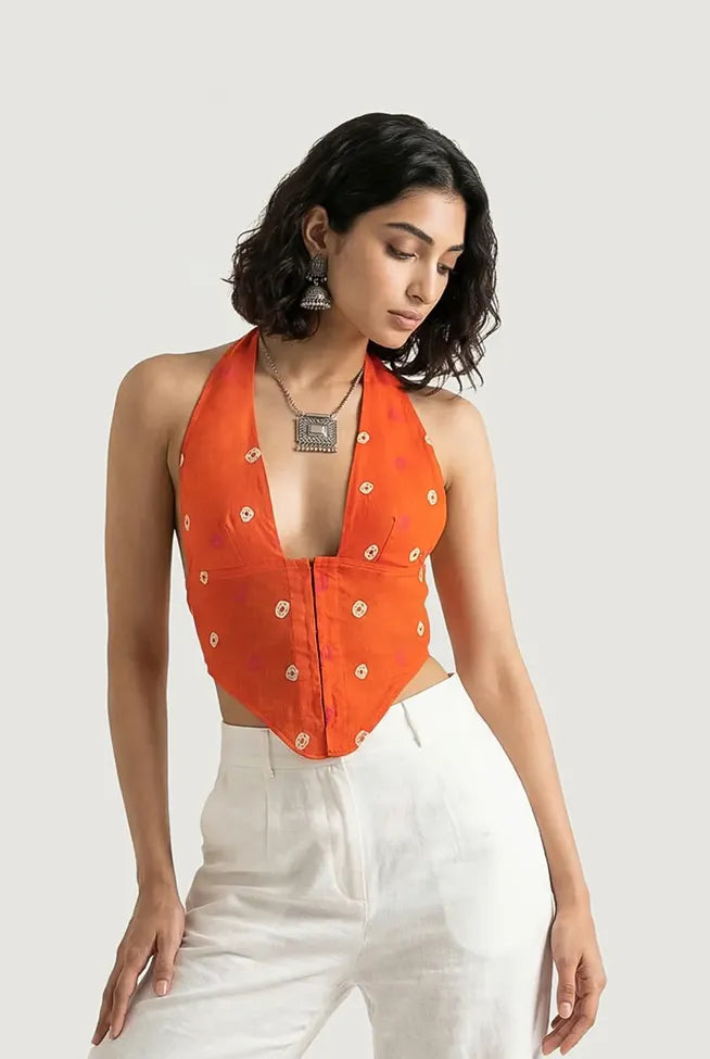 Orange Ethnic Print Plunge Neck Top