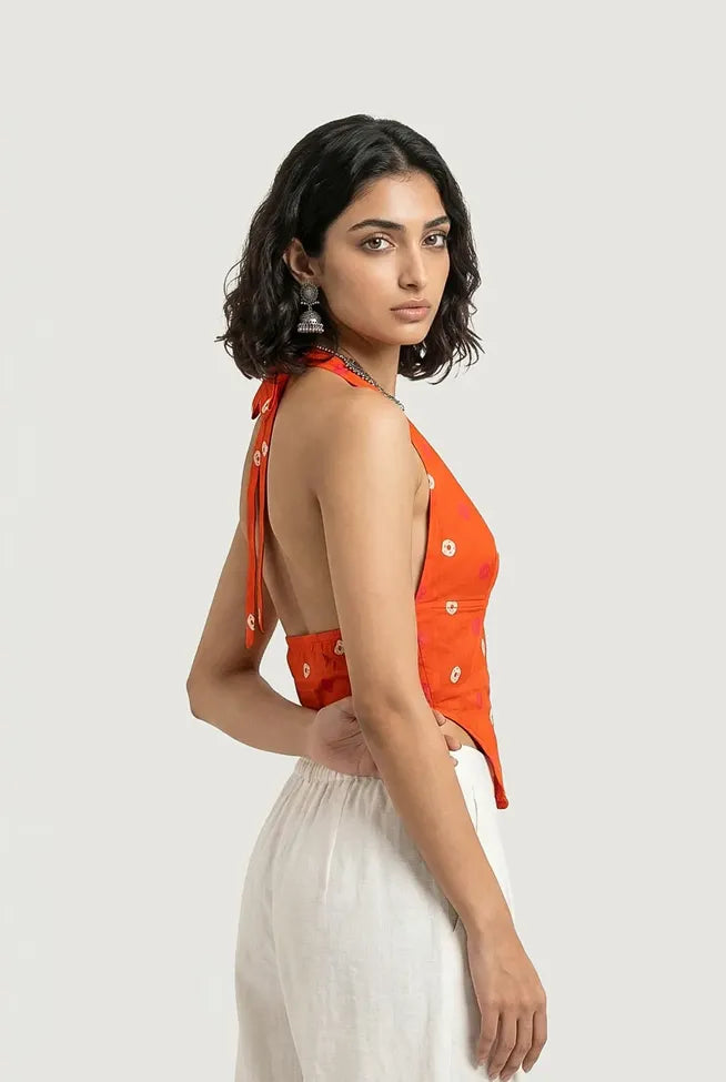 Orange Ethnic Print Plunge Neck Top