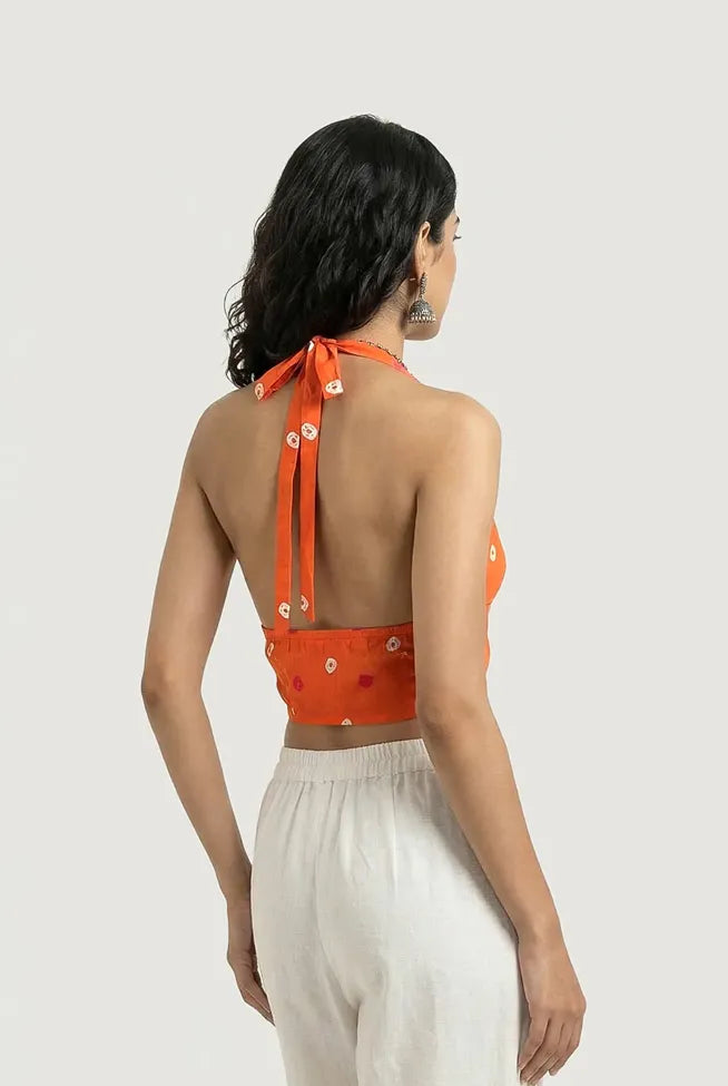 Orange Ethnic Print Plunge Neck Top