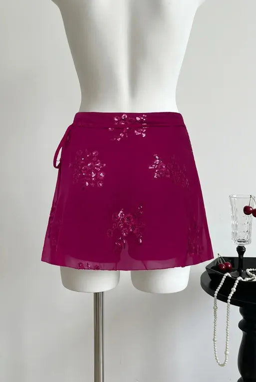 Pink Mid Rise Sequin Wrap Skirt
