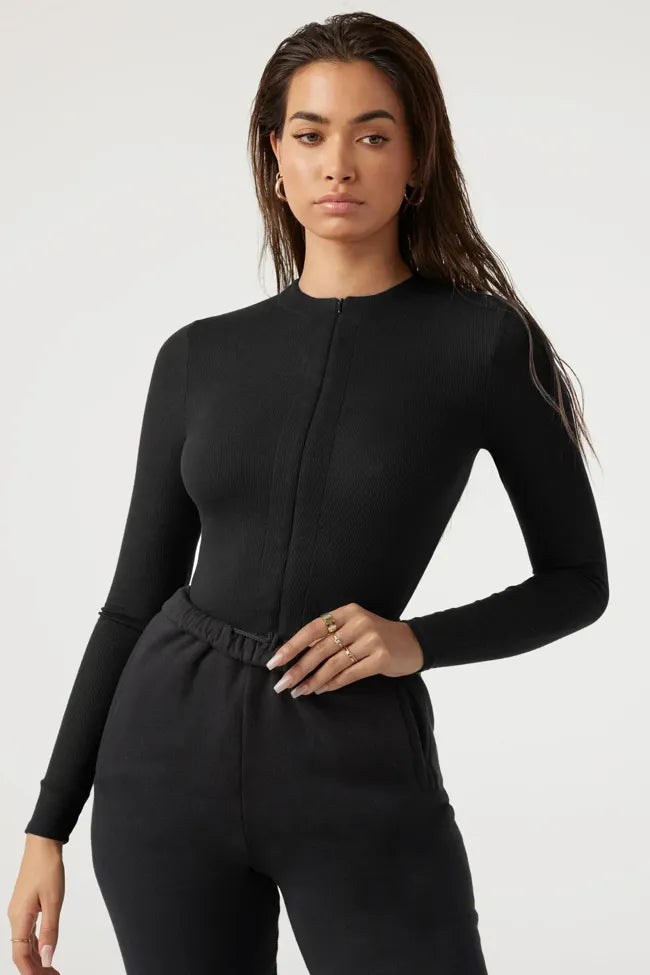Zipper Up Solid Bodycon Bodysuit