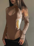 Brown Solid Cut Out Detail Bodysuit