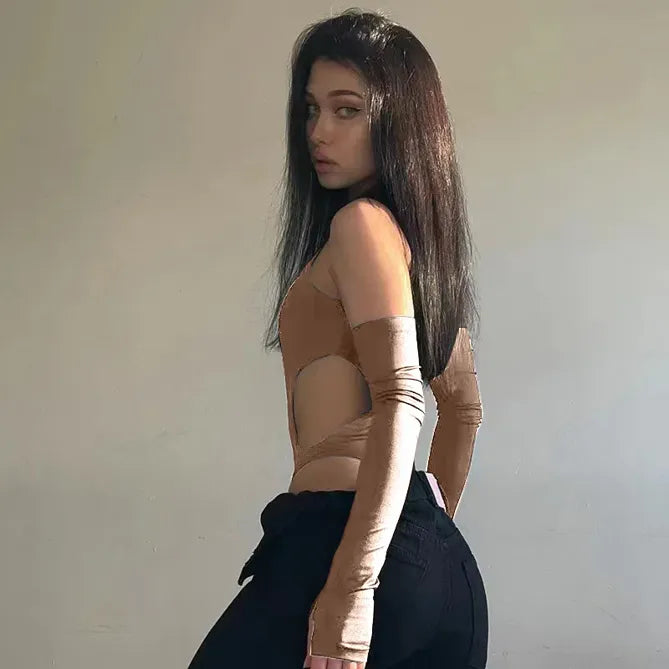 Brown Solid Cut Out Detail Bodysuit